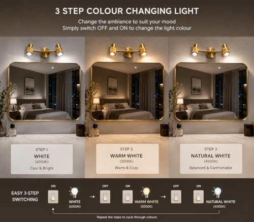 Image of FILLISKA 3 in 1 Double Wall spot /Picture /Display /Mirror Light with Adjustable Head and Colour Changing Function (12 Watt Luxurious Gold-185)
