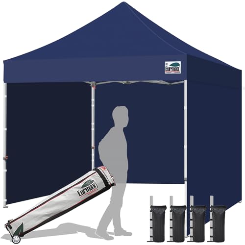 Image of Eurmax USA 10x10 Pop Up Canopy Tent,Commercial Tent with Patented No-Tip Rolling Bag,4 Zippered Removable Walls,UV & Water Resistant Canopy Top,Heavy Duty Outdoor Gazebo,Instant Shelter(Navy Blue)