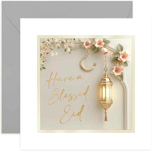 Happy Eid Mubarak Greeting Card for Family Friends - Blessed Eid Islamic Eid Greeting Card - Gold Floral Mubarak Decorations - Eid Murbarak Muslim Gift for Family Friends | Blank Inside