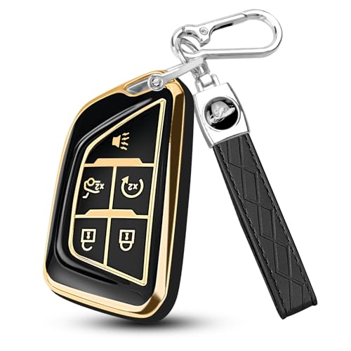 Image of QBUC for Cadillac Key Fob Cover with Leather Keychain (Gold Trim Black) | Soft TPU Protection Case Compatible with 2020-2026 Cadillac Escalade Lyriq Optiq 5-Buttons
