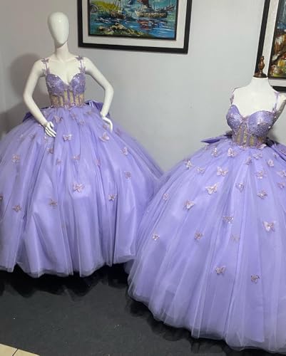 Spaghetti Straps Quinceanera Dresses with Butterfly Appliques Beading Lace Ball Gown Sparkly Tulle Sweet 16 Dresses3