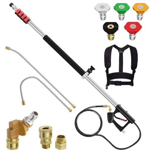 EVEAGE 24 FT Pressure Washer Telescoping Wand, Pressure Washer Extension Wands, Professi Power Washer Gutter Cleaner with 5 Spray Nozzle Tips, 2 Hose Adapters and Support Belt (Silver, 24FT)