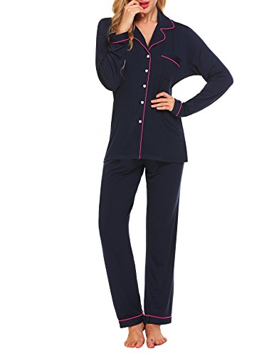 Ekouaer Women s Buttom Down Summer Pajama Set, Navy, XL