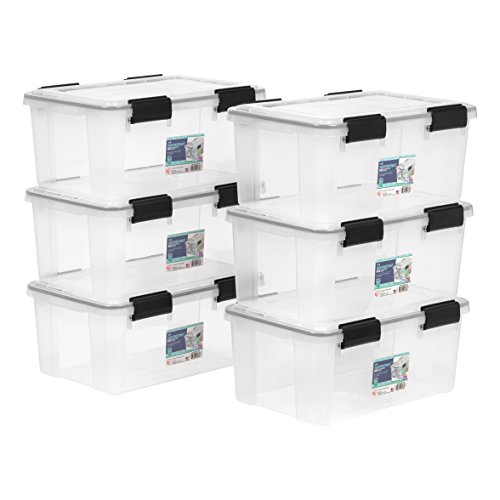 IRIS USA WeatherPro 19 Qt Storage Bins with Lids, 6 Pack, BPA-Free Plastic Gasket Box with Tight Latch and Seal, Stackable Nestable Tote Tub – Clear/Black
