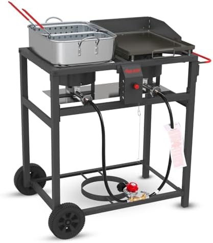 FIRE RIOT Outdoor Propane Deep Fryer and Griddle Combo, Portable 2-in-1 Cooking Station with Double Burner Propane Stove and Wheels, Ideal for Outdoor BBQ, Camping, and Tailgating