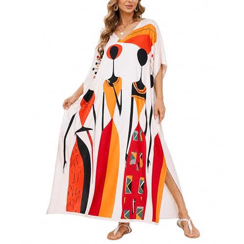 Image of Gypsie Blu Women Plus Size Kaftan Dress Beach Cover Up Maxi Dresses for Women, V-Neck Kimono Sleeve 1X-3X