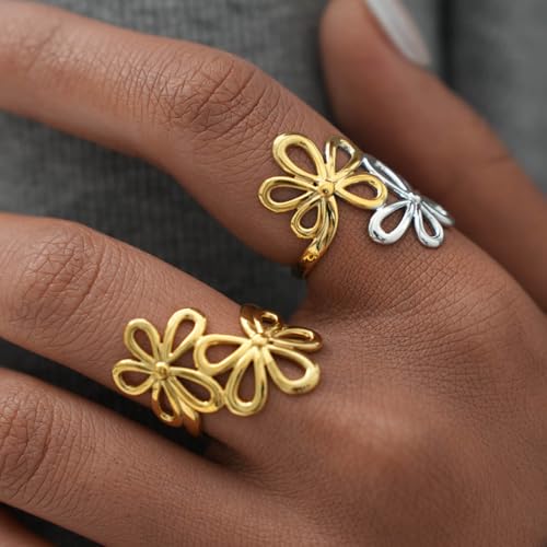 Kokoma Minimalist Double Flower Ring for Women Floral Statement Ring Vintage Expandable Open Stacking Rings Eternity Promise Fashion Jewelry Comfort Fit2