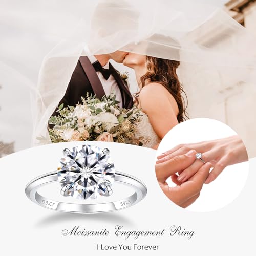 BREN 3 CT Moissanite Rings for Women, Round Cut D Color VVS1 Clarity Moissanite Engagement Ring Wedding Band Diamond Rings for Women,18K White Gold Plated 925 Sterling Silver Promise Rings for Her2