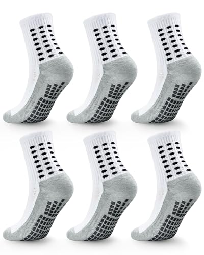 Kids Grip Socks Soccer Boys Football Non Slip Socks Girls Cushioned Running Athletic Crew Grip Sock 10-12 Years Kids Youth 6 Pairs(White L)