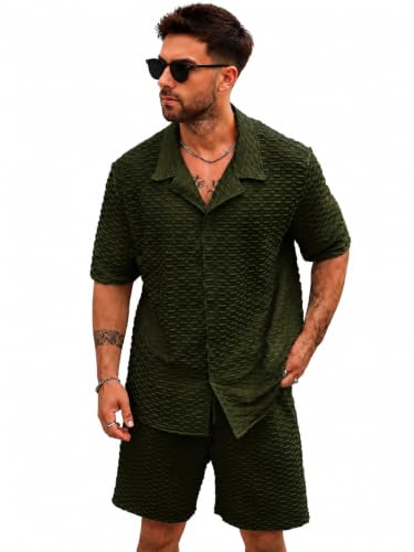 Image of Zilcon Men's Textured Co-Ord Set | Half Sleeve Cuban Collar Shirt & Shorts | Casual Summer Lounge Wear | Premium Matching Outfit