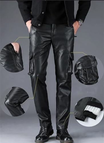 Men's Windproof PU Leather Cargo Pants Multi-Pocket Motorcycle Biker Workwear Pants3