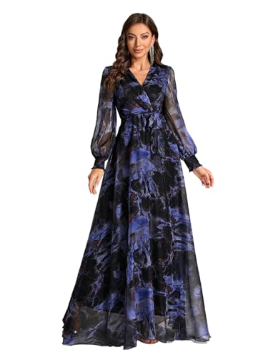 Image of TOLEEN Summer Casual Dresses for Women 2024 Spring Fashion Boho V Neck Long Sleeve Ruffle Floral Print Elegant Maxi Dress