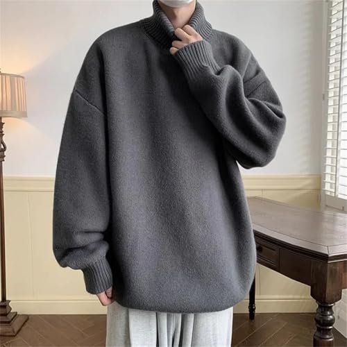 Men Winter Loose Turtleneck Knitted Pullovers Solid Color Warm Harajuku Knitting Sweaters2