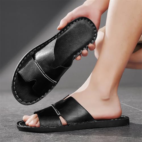 Image of Men's Leather Cutout Slides Sandals Comfortable Lightweight Open Toe Anti-Slip Soft Bottom Slip On Slippers Summer Outdoor Casual Beach Sandals