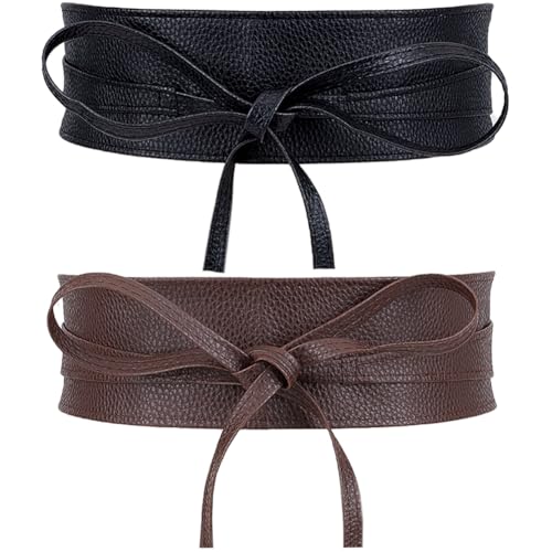 CRASPIRE 2 Colors Obi Style Waist Belt 224.6cm Imitation Faux Leather PU Black Coffee Corset Cinch Tie Wide Waist band Retro Vintage Boho Obi Style Cinch Waistband Belt for Women Dress Sweater Coat