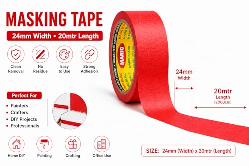 Image of Mario Red Masking Tape - 20 Meter Length, 24mm Width - Durable Adhesive Masking Tape for Carpenter, DIY & Craft - Strong Grip, Clean Peel - Pack of 6 Rolls