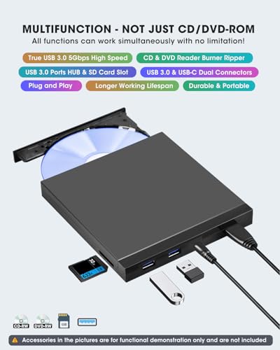 Image of ROOFULL External CD DVD Drive with SD Card Reader & USB 3.0 Ports Hub & Carrying Case, USB-C CD DVD ROM /RW Disk Player Burner Writer for Laptop Mac PC Windows 11 /10 MacBook iMac Desktop Computer
