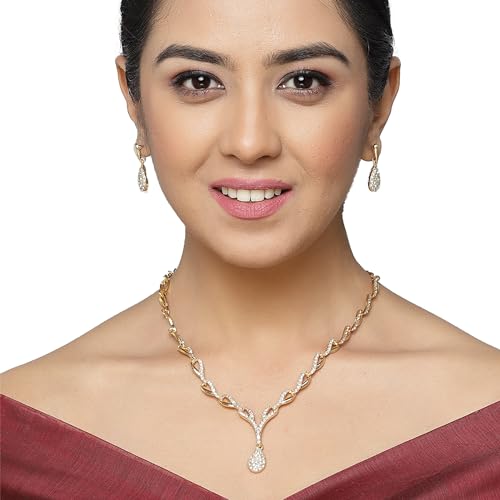 Image of ZENEME Oxidised Silver-Plated Cubic Zirconia Studded Teardrop Shaped Necklace With Earrings Jewellery Set For Girls and Women