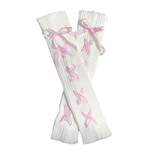 Image of Lolita Knit Leg Warmers Ribbon Bow Knot Japanese Cable Knit Footless Boot Socks Kawaii Leg Sleeves