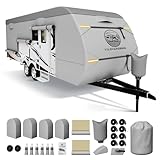 Heavy Duty Travel Trailer RV Cover 14-16ft, 8 Layers Breathable Waterproof Rip-Stop Camper Cover with Adhesive Repair Patches, Gutter, Tire & Additional Straps
