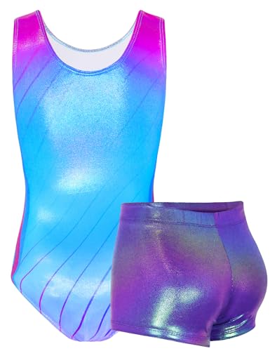 TENVDA Gymnastics Leotards for Girls 5-12 Years Old Sparkly Dance Tumbling Outfit Matching Shorts Set