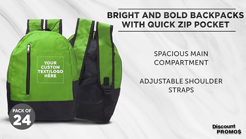 DISCOUNT PROMOS 24 Quick Zip Backpacks Set - Customizable Text, Logo - Polyester, Unique features, Front Pocket, Vibrant - Green3