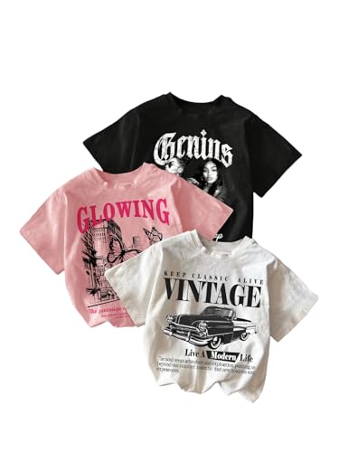GORGLITTER Girl's 3 Pack Graphic Tees Short Sleeve Crew Neck Summer Cute T Shirts Tops