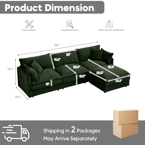 Image of 102 inch L Shaped Modular Sectional Sofa, Comfy Upholstery Chenille Cloud Couch with Ottoman, Modern 4-Seat Deep Seat Sofa with Pillow for Living Room, Bedroom, Apartment (Green)