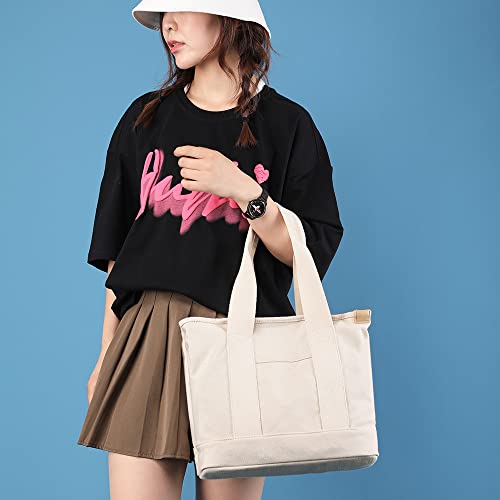 Bolso tote de lona para mujer beige tamaño mediano miniatura 2