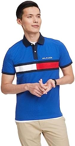 Tommy Hilfiger Men's Short Sleeve Cotton Pique Flag Polo in Regular Fit, Mazarine Blue, Large