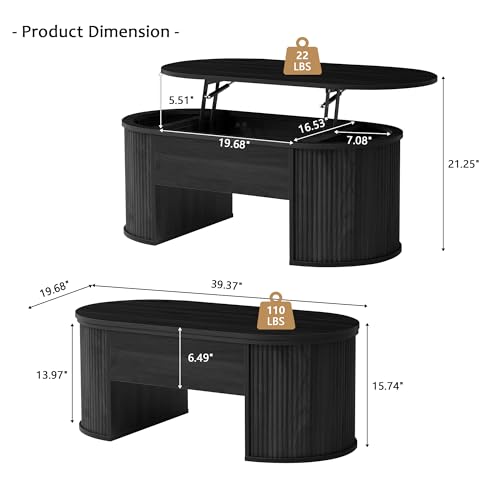 Image of QHITTY Fluted Coffee Table with Lifting Top, Oval Wood Lift Top Coffee Table with Hidden Compartment, Mid Century Pull up Center Tables for Living Room, Office - Black
