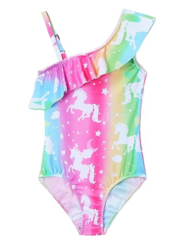 Image of Snowheart Girls Swimsuit Adjustable Shoulder Strap UPF50+ One-Shoulder Ruffle Bathing Suit 3-12T