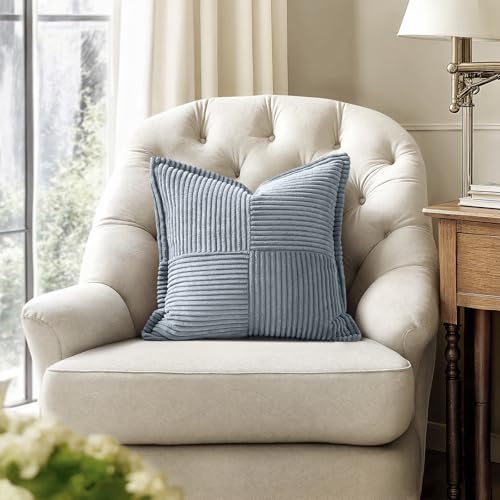 Image of MIULEE Decorative Throw Pillow Covers for Couch Bed Livingroom 20x20 Inch Set of 2 Dustyblue Boho Accent Throw Pllows Broadside Striped Patchwork Soft Corduroy Pillowcases