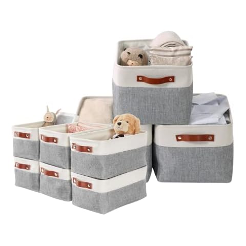 DECOMOMO Foldable Storage Bin (LARGE-Grey and White 15 x 11 x 9.5" - 3 Pack and Small 11.8 x 8 x 6-6 Pack) Collapsible Sturdy Cationic Fabric Storage Basket Cube W/Handles for Organizing Shelf Nurse Cover