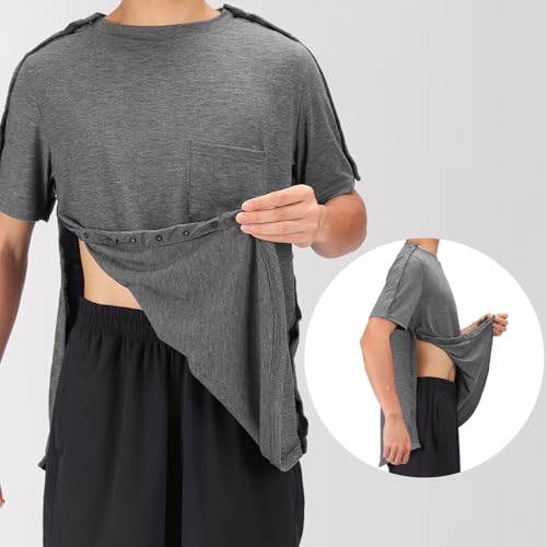 Men's Shoulder Surgery Recovery Shirts-Post Shoulder Surgery of Short Sleeves with Hidden Snap Buttons on Sides2