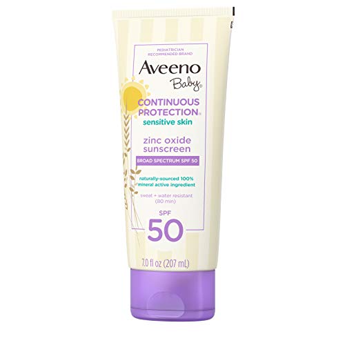 Aveeno Baby Continuous Protection Zinc Oxide Mineral Sunscreen Lotion for Sensitive Skin with Broad Spectrum SPF 50, Tear-Free, Sweat- & Water-Resistant, 7 fl. oz