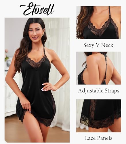 Womens Sexy Lingerie Lace Satin Nightgowns Silky Sleep Night Dress Short Chemise Halter Neck Sleepwear3