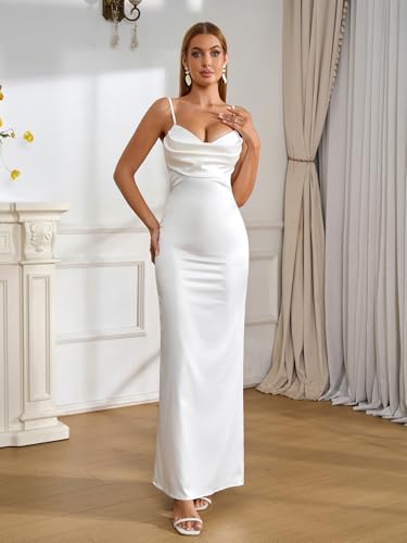 EYNMIN Women's Satin Spaghetti Strap Maxi Dress Lace Cowl Neck Backless Bodycon Long Cocktail Wedding Guest Dresses4
