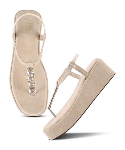 Image of JM LOOKS Soft Material Platform Wedge Sandals with Crystal T-Strap Detail and Secure Elastic Ankle Support