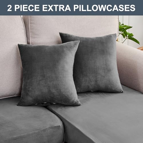 Image of Stretch Silver Fox Velvet Sectional Couch Covers - 4-Piece Sofa Cushion Covers for Left /Right L-Shaped Chaise, Soft and Comfortable Slipcovers for Sectional Sofa(3 Seater + 1 Chaise,Grey)