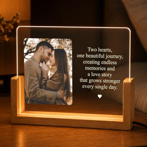 Image of Giftplease Personalized LED Acrylic Photo Frame with Custom Picture and Message Engraved Night Lamp Wooden Base USB Powered Couple Keepsake Home Decoration Anniversary Wedding Birthday Memory