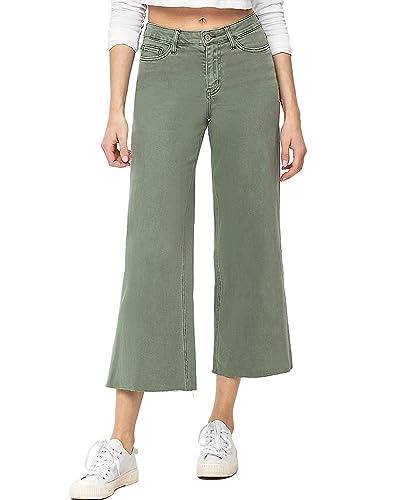 VERVET by Flying Monkey Olive Wide Denim Jeans Cropped High-Rise Raw-Cut2