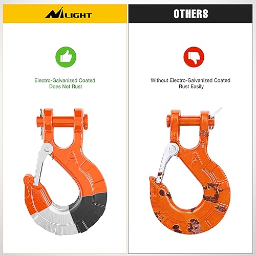 Image of Nilight 3 /8 inch Grade 70 Heavy-Duty Winch Hook with Cable Stopper - 35,000 LBS Drop-Forged Steel Clevis Hook for ATV, Jeep, Trailer Winch Recovery w /Spring Latch, Clevis Pin & Rubber Stopper, Orange