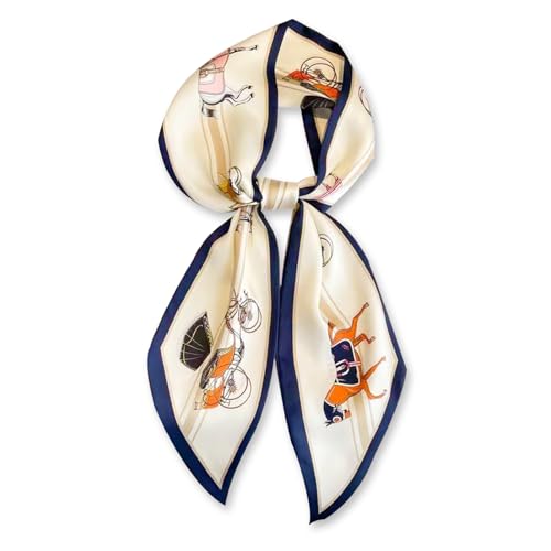 vimate Purse Scarf for Handbags -Fall Fashion Cream Navy Horse Scarves Skinny Satin Neck Hairband Ribbon Scarf Hair Scarf for Purse Handle (Style 88)