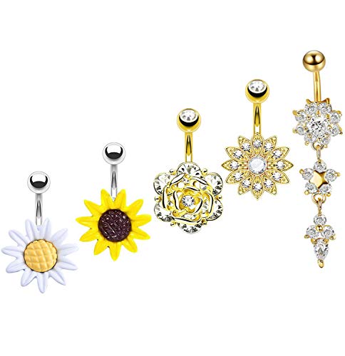 EVELICAL 5Pcs 14G Stainless Steel Belly Button Rings for Women Girls CZ Opal Flower Screw Navel Bars Body Piercing Jewelry