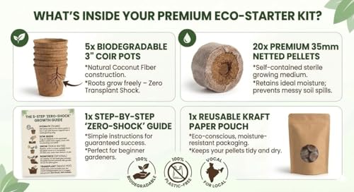Image of Organic Seed Starter Kit (Kerala Coir) - 5 Biodegradable Coir Pots + 20 Cocopeat Pellets (35 mm) | Zero-Transplant-Shock Seedling Germination Set