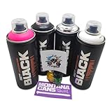 PROGAL COLORS Montana Black Peinture en aérosol pour graffiti, 400 ml, 4 couleurs (blanc, noir, fuchsia, chrome argenté), comprend 3 buses de rechange + 1 autocollant Montana Cans