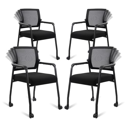 Image of KLASIKA Waiting Room Chairs with Wheels, Adjustable Mesh Backrest, Desk Chair with Ergonomic Lumbar Support and Thickened Seats Cushion, 4 Pack Black