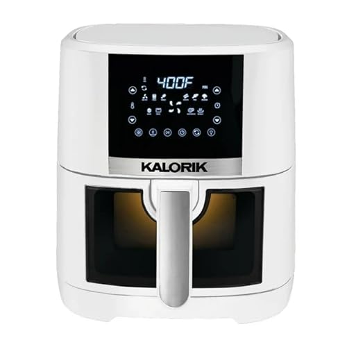 Kalorik 5 Quart Air Fryer with Ceramic Coating and Window, LED display, non-stick coating & Adjustable time and temperature, BPA free - White
