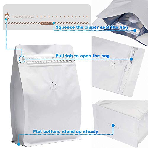 Image of 8 Ounce White Kraft Paper Coffee Bags, Stand Up Coffee Pouches with One Way Degassing Valve and Reusable Side Zipper (Pull Tab to Open) Flat Bottom - - Stand Up Well (50pieces / 8oz, 0.5lb, 227gram)